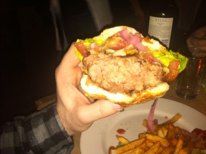 DuMont Burger inside with thick bacon and white cheddar